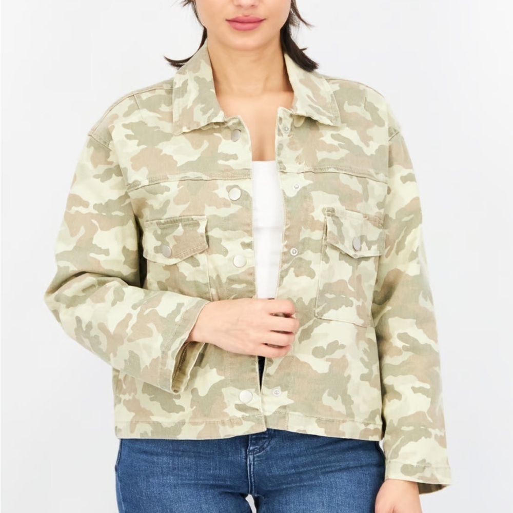 Aqua Long Sleeve Camouflage Cropped Denim Jacket Light Olive Green Size Small